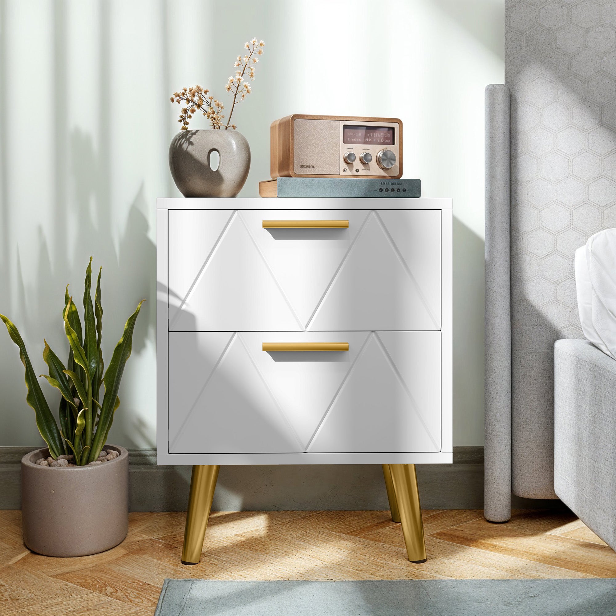 Szafka nocna, 2 szuflady, 2 porty USB, 40x30x52 cm, biała