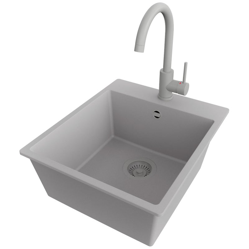 Zlewozmywak Granitowy Szary 43x50cm, Zlew Kuchenny 1 Komorowy + Bateria 32x20cm + Syfon, Nablatowy do szafki od 45cm - Ryga PRIMAGRAN