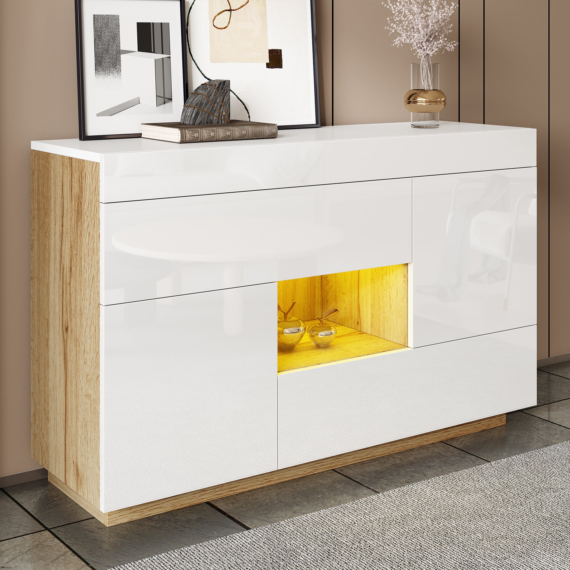 Komoda w połysku 120x37x76,5 cm - Oświetlenie LED - 2 szuflady i 2 drzwi - Otwarte półki - Biały + Naturalny