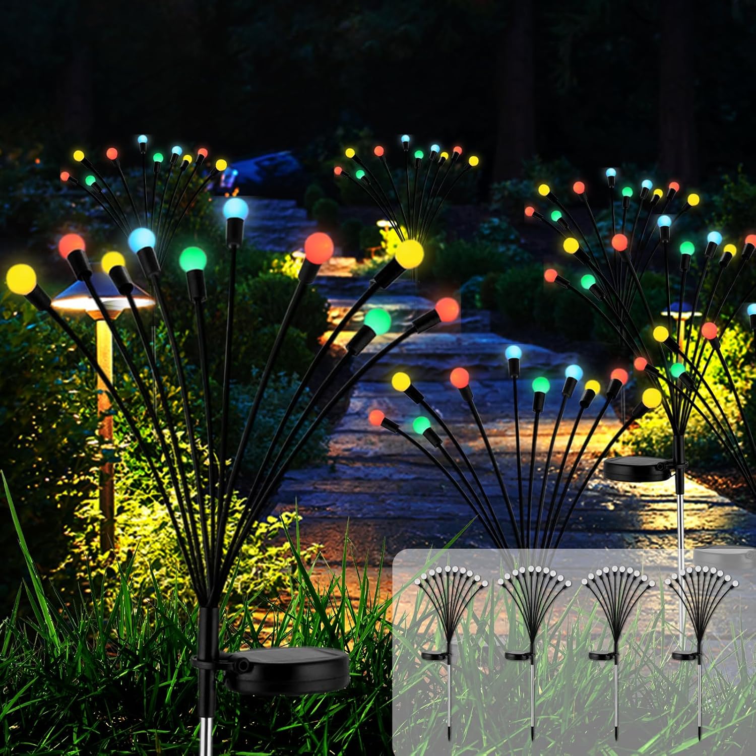 Zestaw 8 zewnętrznych lamp solarno-świetlnych, 10 LED, wodoodpornych IP65, do ogrodu, na taras, do krzewów, dekoracyjnych (wielokolorowe)