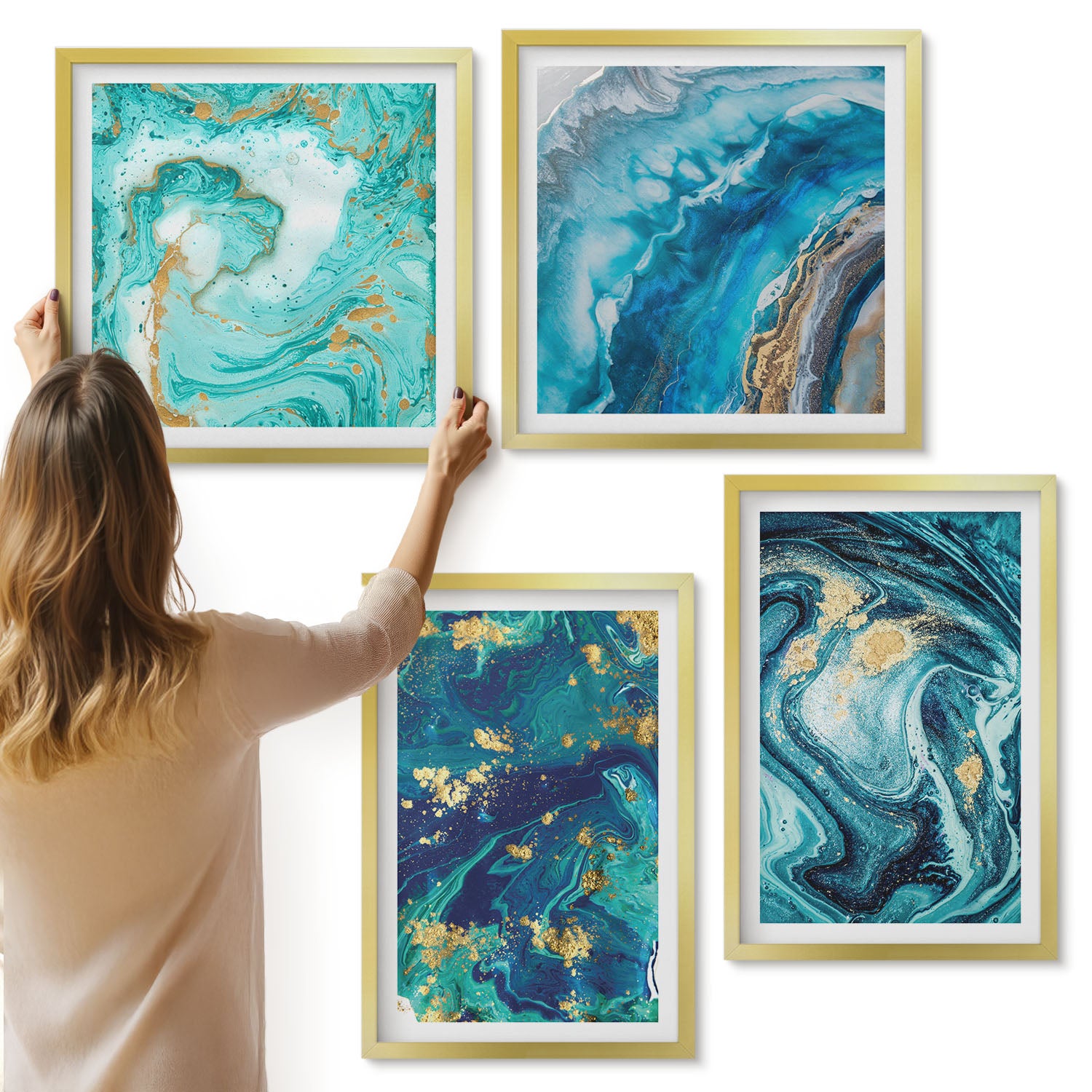 Galeria ścienna 4-częściowy komplet obrazów w złotych ramach - Dekoracyjne abstrakcje rozlanych farb - ArtPrintCave