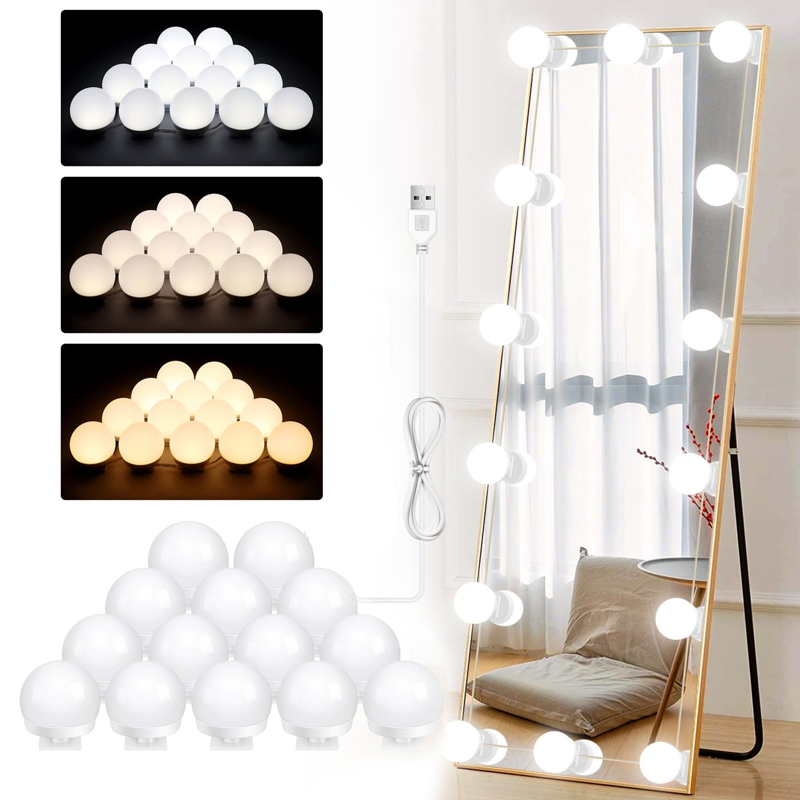Lampa LED Vanity Light w stylu Hollywood Lampa do makijażu do toaletki z ściemnialnymi żarówkami Oprawy oświetleniowe do toaletki z trybami kolorów