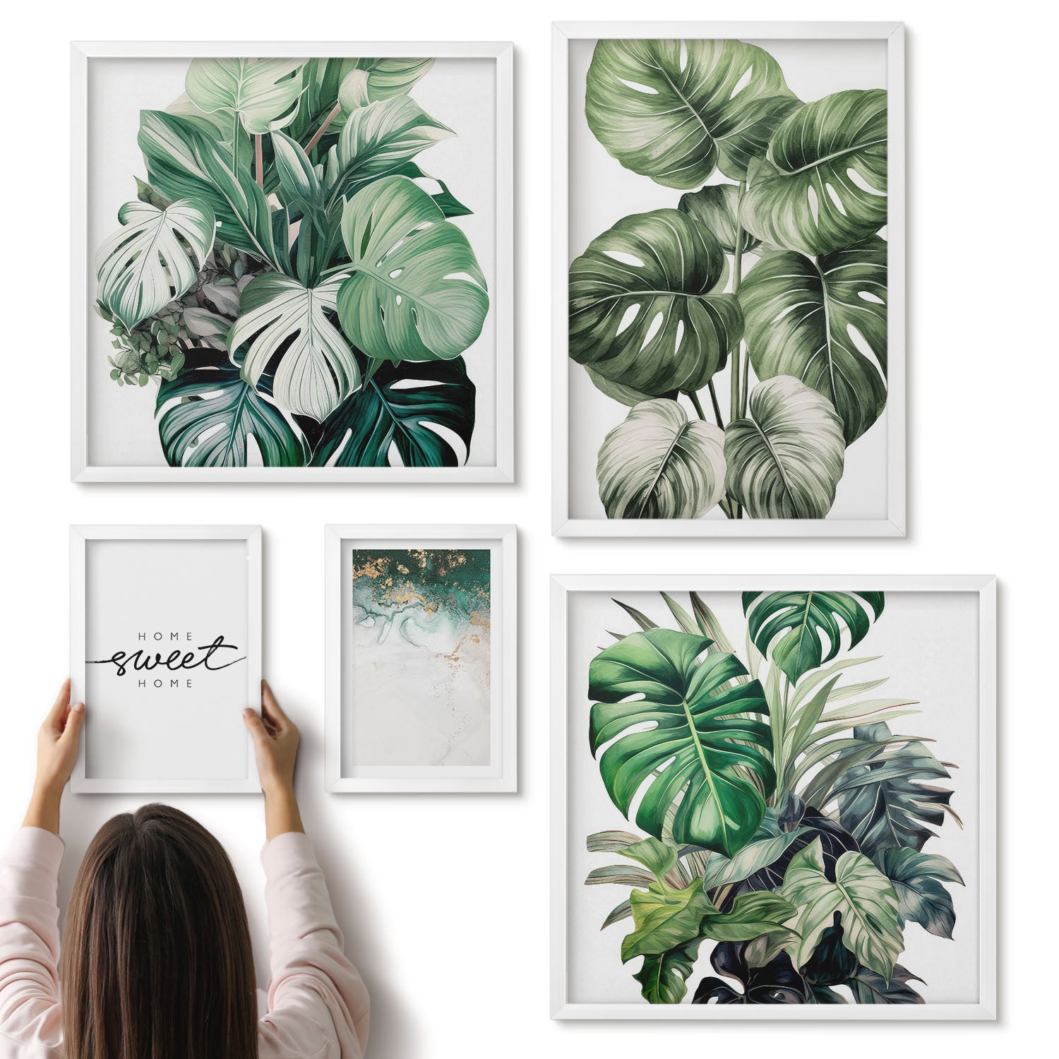 Galeria ścienna 5-częściowy komplet obrazów w białych ramach - Roślinne motywy dekoracyjne w stylu nowoczesnym - ArtPrintCave