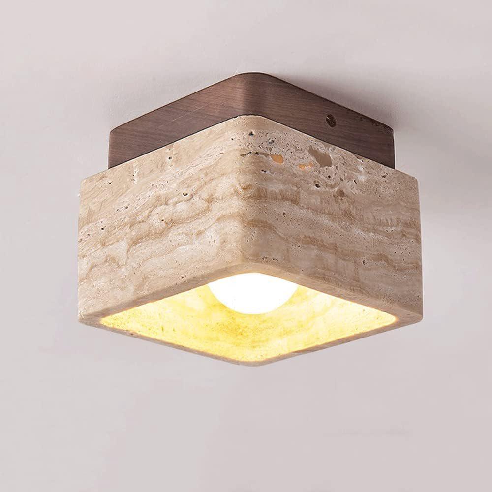 Kwadratowa lampa sufitowa z naturalnego żółtego trawertynu, wykończenie z drewna orzechowego, lampa sufitowa w stylu vintage, oprawa oświetleniowa do