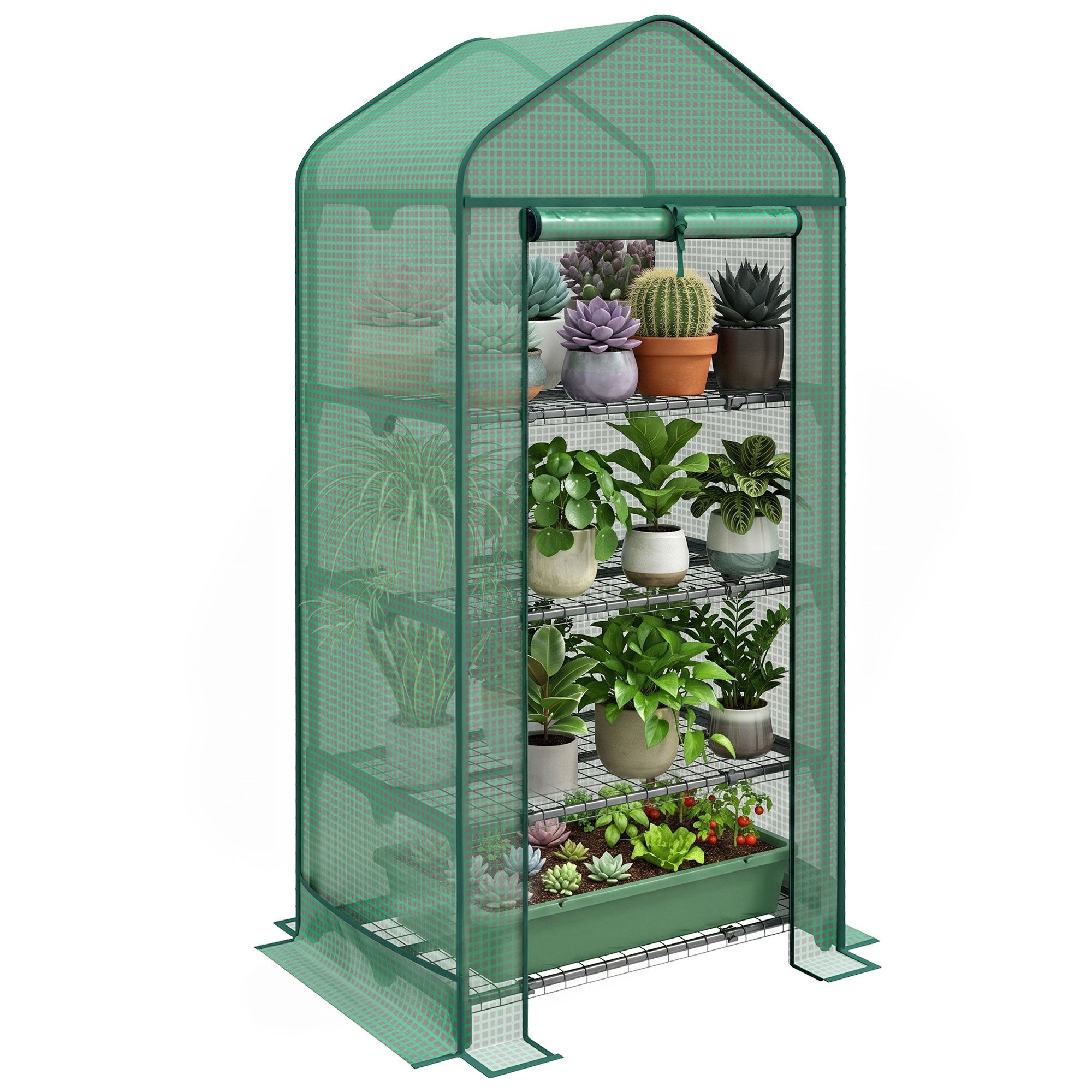 4-poziom roślina Shed z Rolling drzwi, mały metal i PE Shed, 69x49x158 cm, ciemny zielony