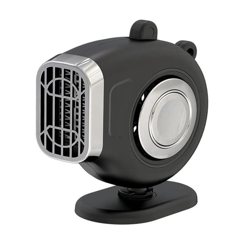 Miniaturowy wentylator nagrzewnicy/odmrażacza samochodowego z gniazdem zapalniczki, obrotową podstawą i klipsem montażowym do owiewki, 12 V, 150 W.
