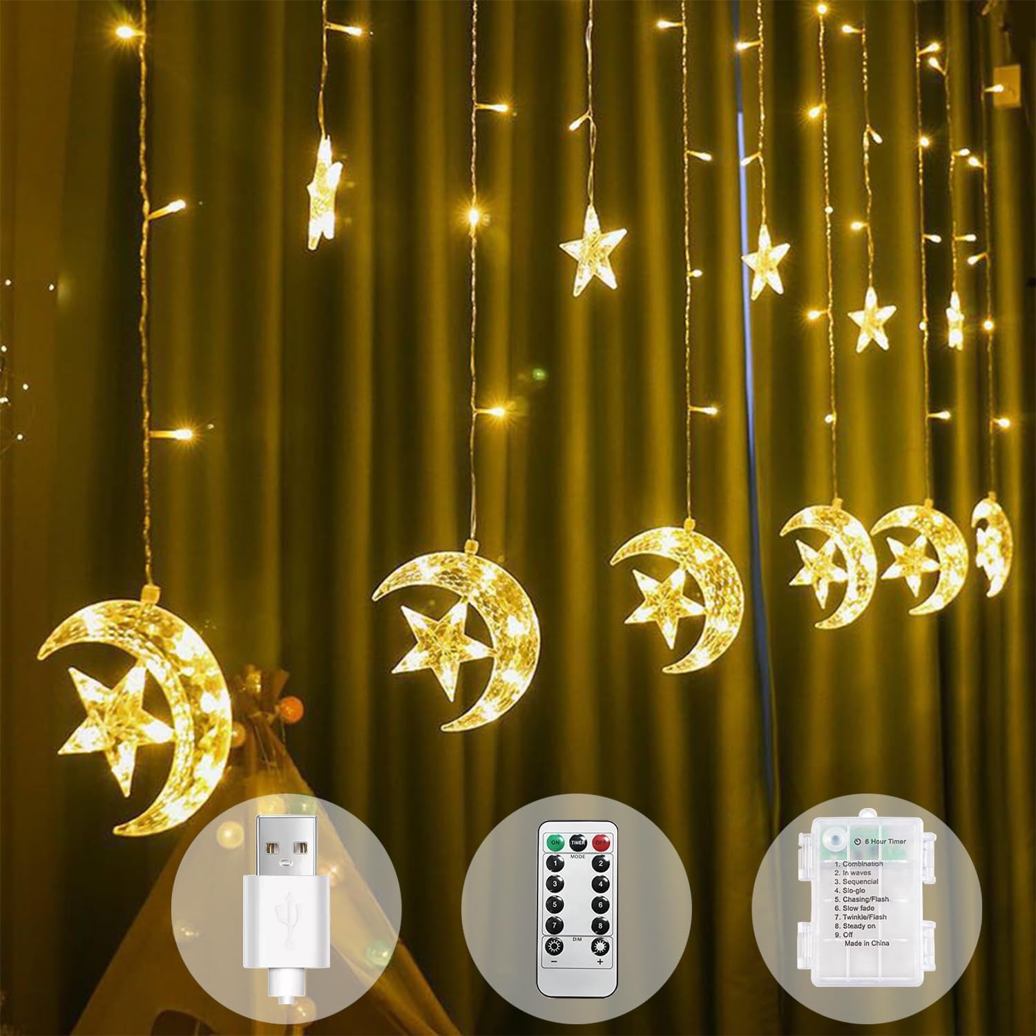 Lampki Ramadhan 3.5m – Kurtyna Księżyc i Gwiazdy, USB/Baterie, 8 Trybów, Timer, Pilot