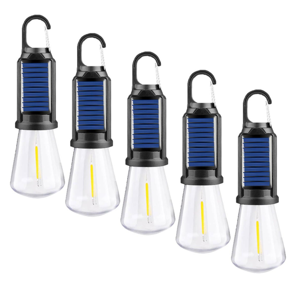 5-częściowa lampa kempingowa LED zasilana energią słoneczną, lampa namiotowa z żarnikiem wolframowym, 3 tryby oświetlenia, ciepłe światło
