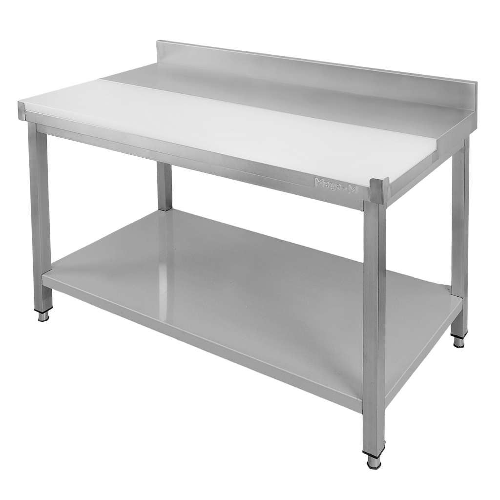 Stół roboczy gastronomiczny ze stali nierdzewnej Mega-M kuchenny przyścienny z płytą polietylenową i półką 120x60x85 cm
