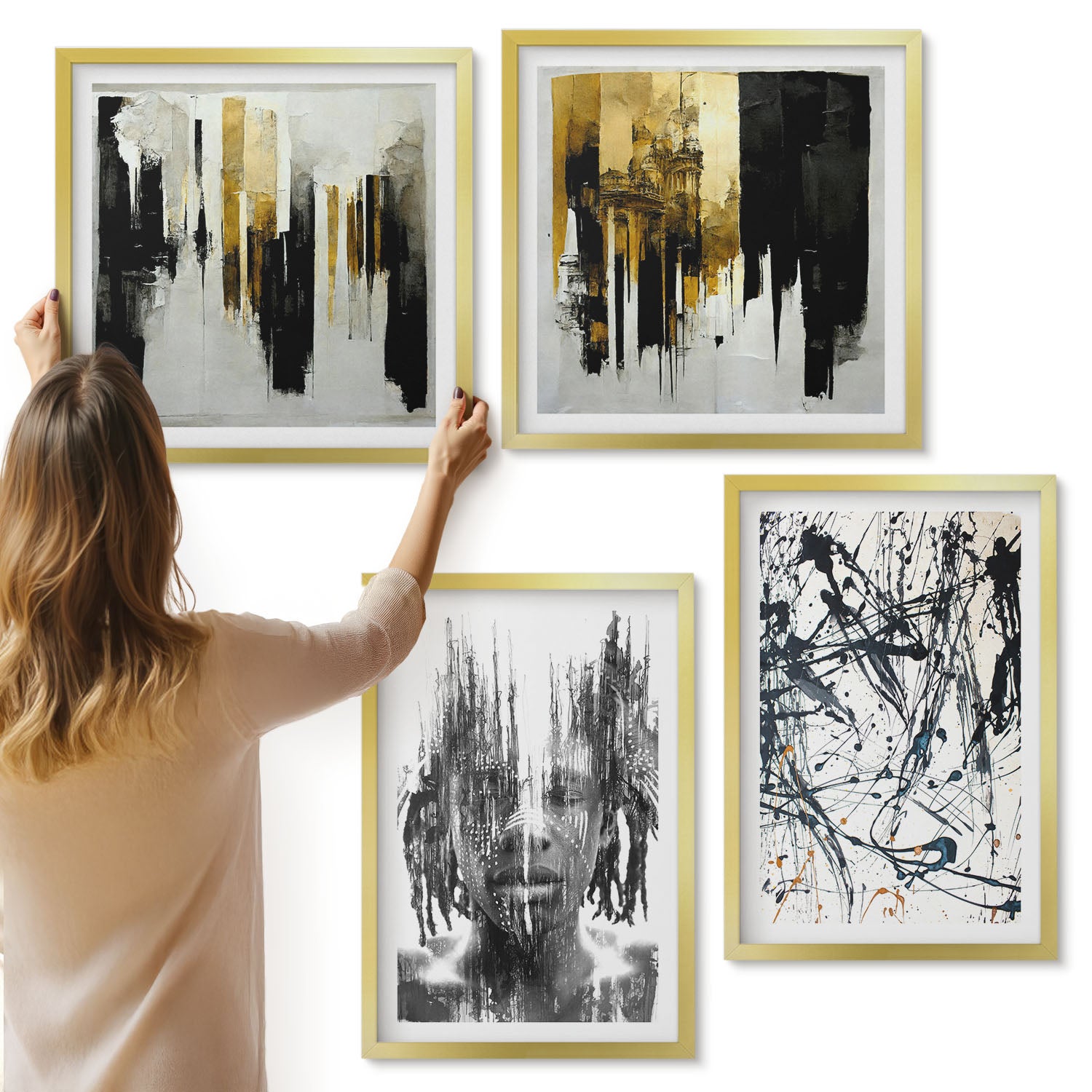 Galeria ścienna 4-częściowy komplet obrazów w złotych ramach - Kontrastujące abstrakcje z portretem i architekturą - ArtPrintCave