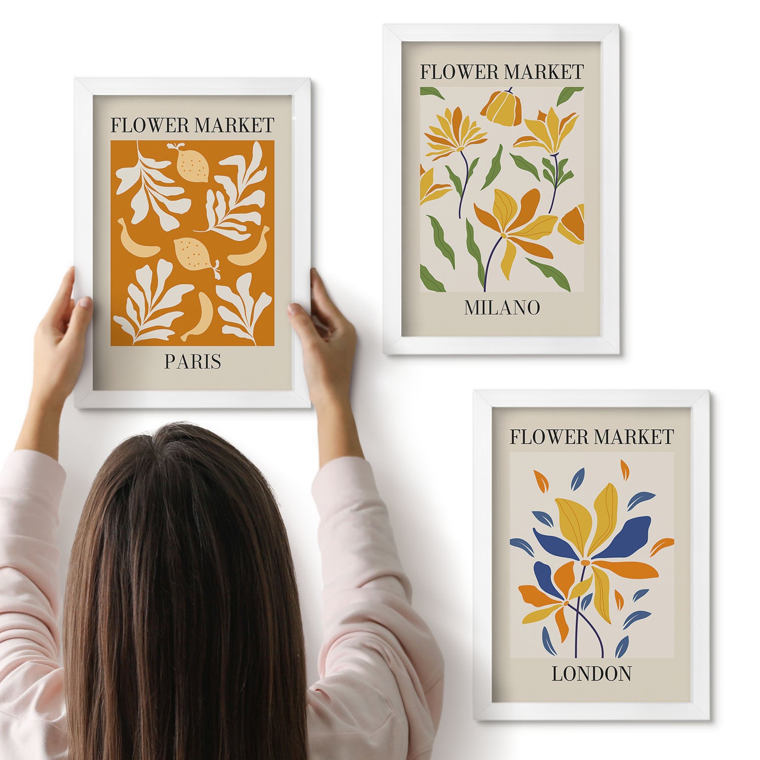 Galeria ścienna 3-częściowy komplet obrazów w białych ramach - Kwiatowe postery Paryż Mediolan Londyn - ArtPrintCave