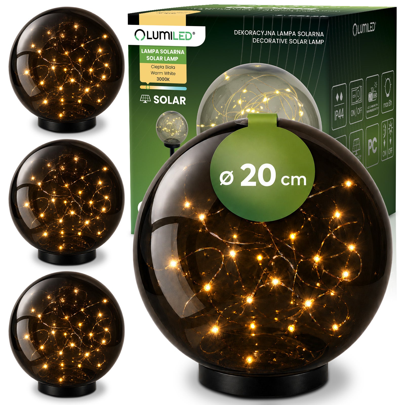 Lampa Solarna Lumiled Ogrodowa LED 3000K Ciepła biel IP44 Wbijana Naziemna Ozdobna Kula Dymiona 20cm 4 szt.