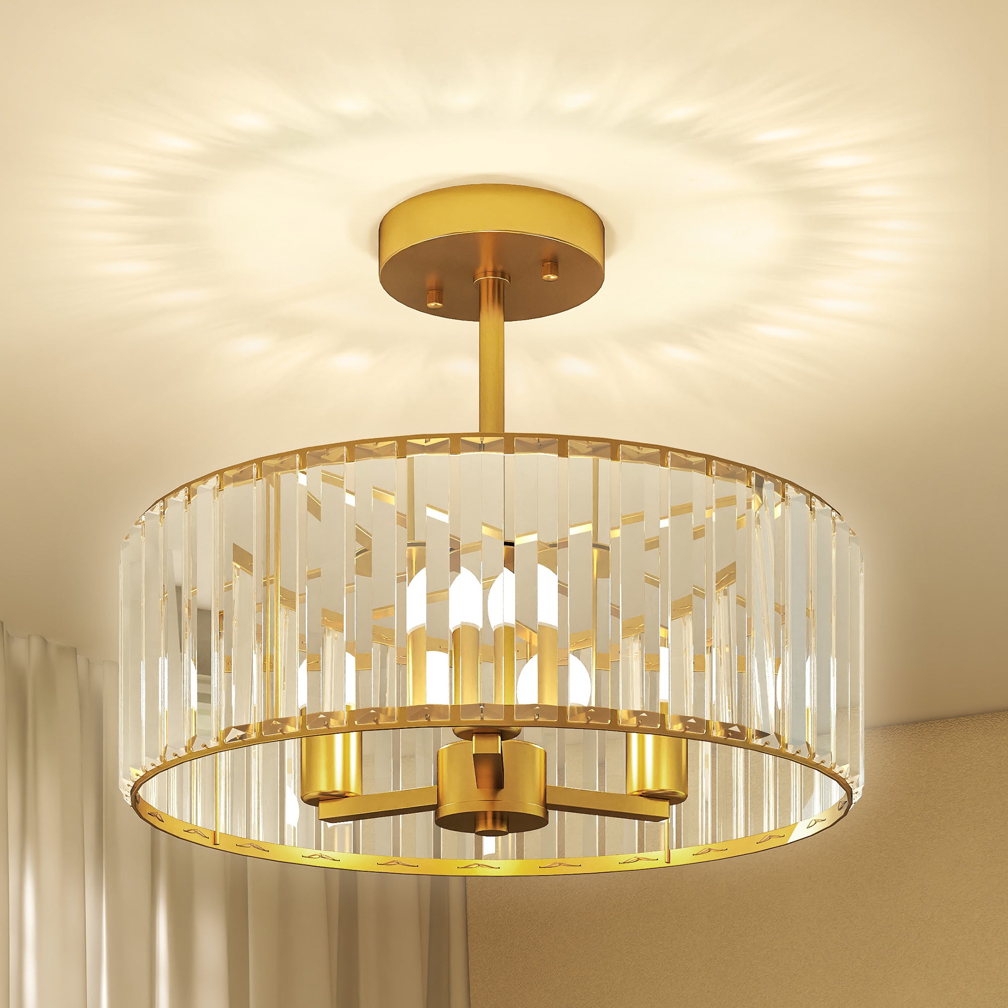 Lampa sufitowa, żyrandol, klosz kryształowy, 3 żarówki, metal, kolor złoty