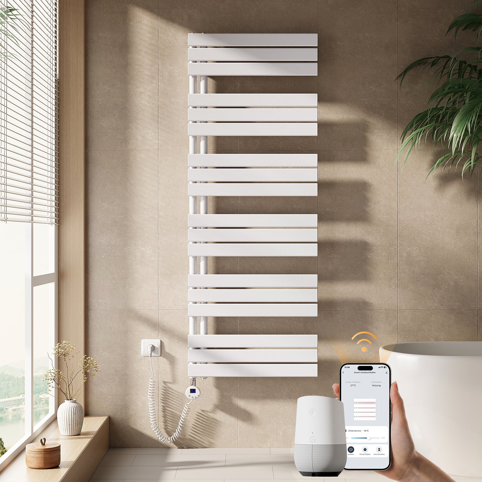 EMKE Grzejnik elektryczny łazienkowy 160x60cm - Inteligentne Sterowanie z Programatorem Tygodniowym w Aplikacji - 1000W - Biały