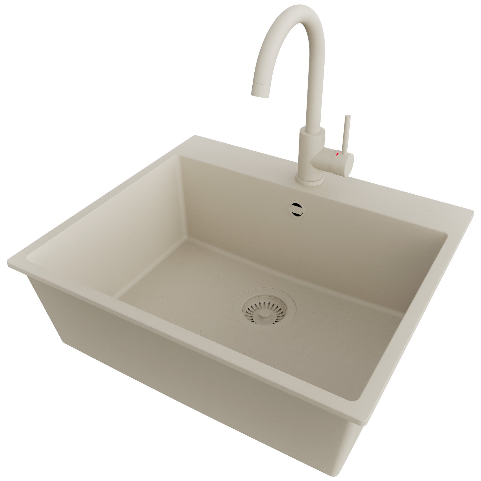 Zlewozmywak Granitowy Beżowy 58x50cm, Zlew Kuchenny 1 Komorowy + Bateria 32x20cm + Syfon, Nablatowy do szafki od 60cm - Ryga PRIMAGRAN