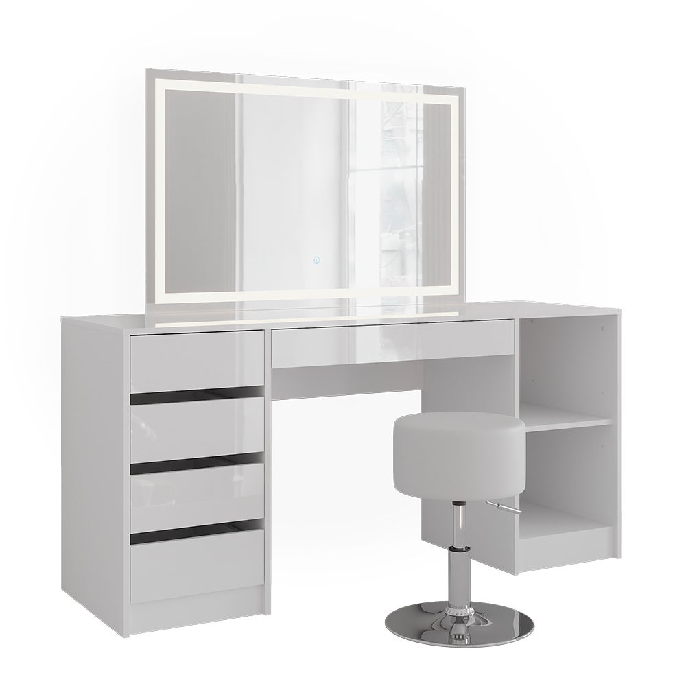 Vicco Stół do toalety Sherry, Biały/Biały wysoki połysk, 158.2 cm z lustrem LED i stołkiem