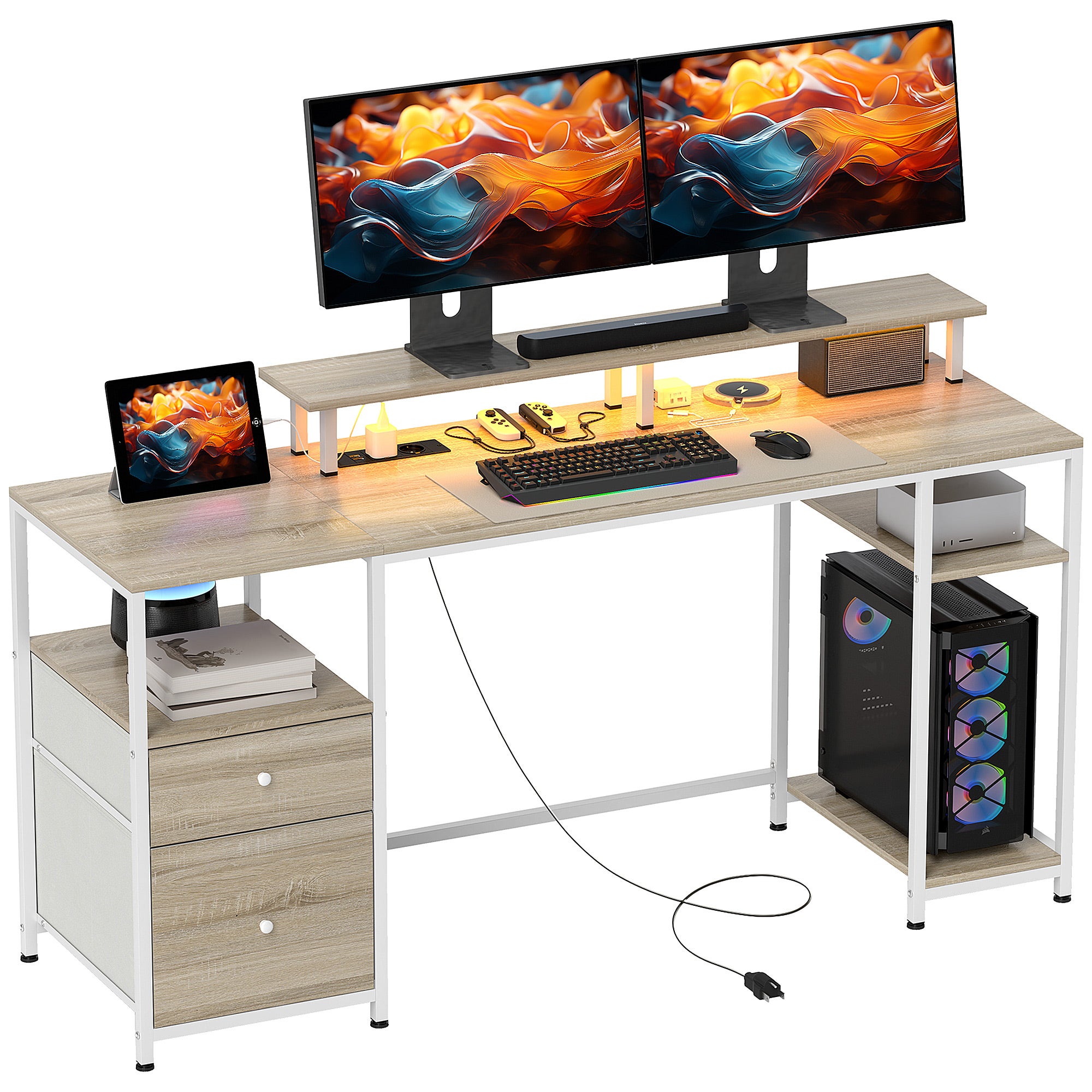 Biurko komputerowe LED efekt naturalnego drewna, stół gamingowy z gniazdami USB & szufladami, duże stanowisko na dwa monitory 155cm