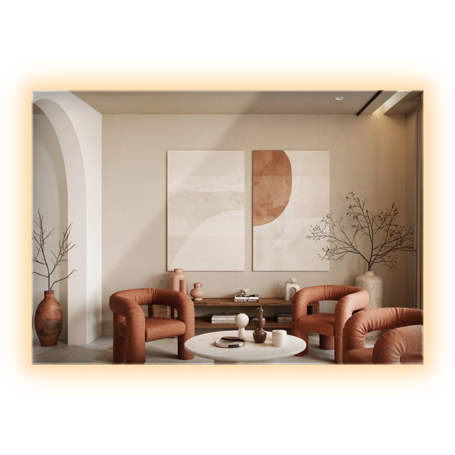 Lustro LED prostokątne 60×40 cm ciepłe światło ArtPrintCave, designerskie lustro dekoracyjne idealne do salonu i sypialni modern
