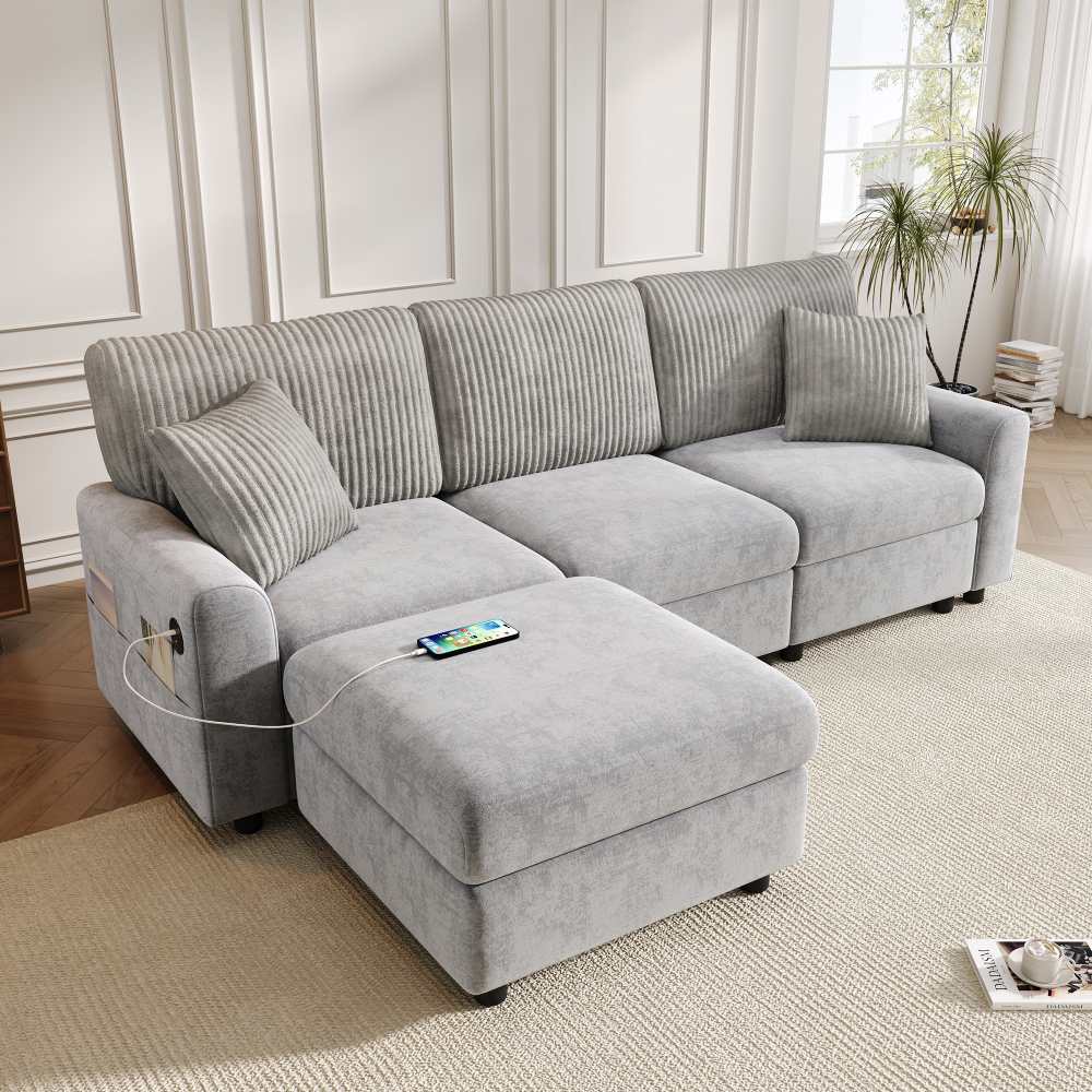 Nowoczesna sofa z szenili i sztruksu z pufem, portem USB typu C i poduszkami, 223 cm