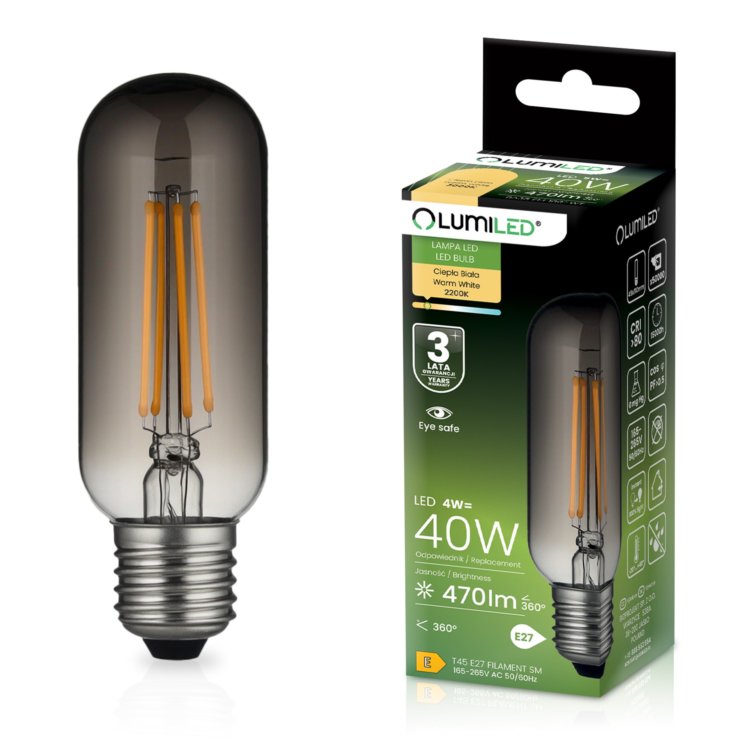 Żarówka LED E27 T45 4W = 40W 470LM 2200K Ciepła biel 360° Filament Smokey LUMILED