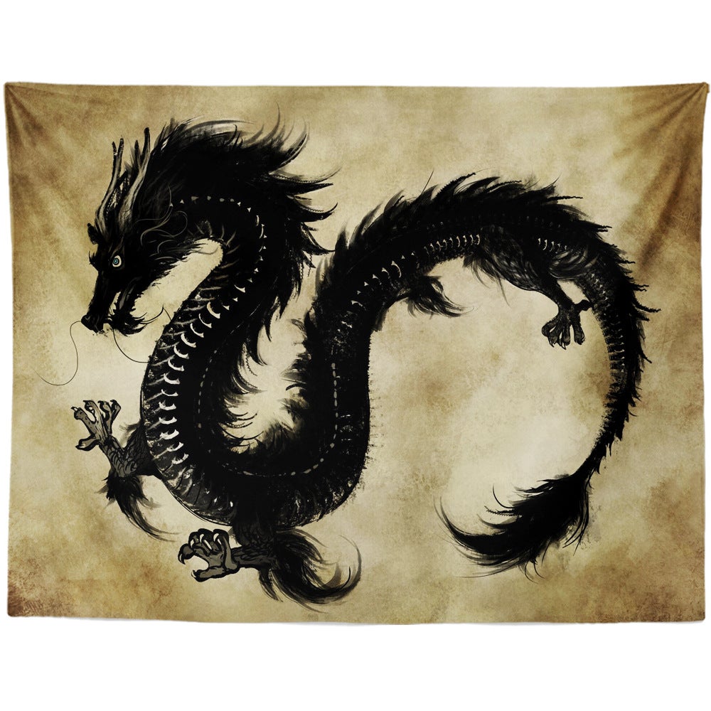200x150cm Dragon Gobelin Czarny Mityczne Zwierzę Starożytny Chiński Gobelin Ścienny do Salonu Sypialni Akademika Dekoracja Ścienna, Tło Imprezowe