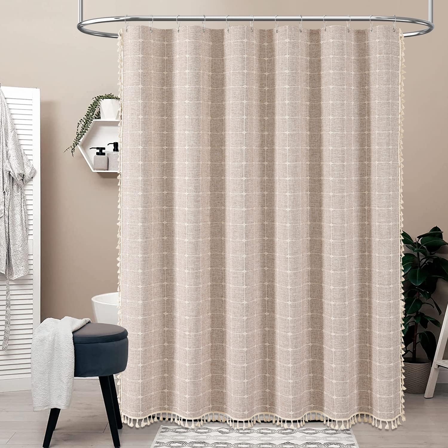Zasłona prysznicowa z frędzlami w stylu boho, lniana, dekoracja łazienki, 72" x 72" (espresso)