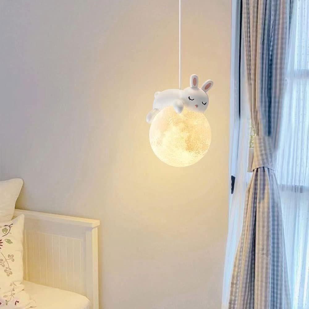 Lampa wisząca w stylu nordyckim z uroczym misiem i drukowanym w 3D księżycem w kształcie kuli z kreskówkowym śpiącym królikiem, żyrandol dla dzieci, p