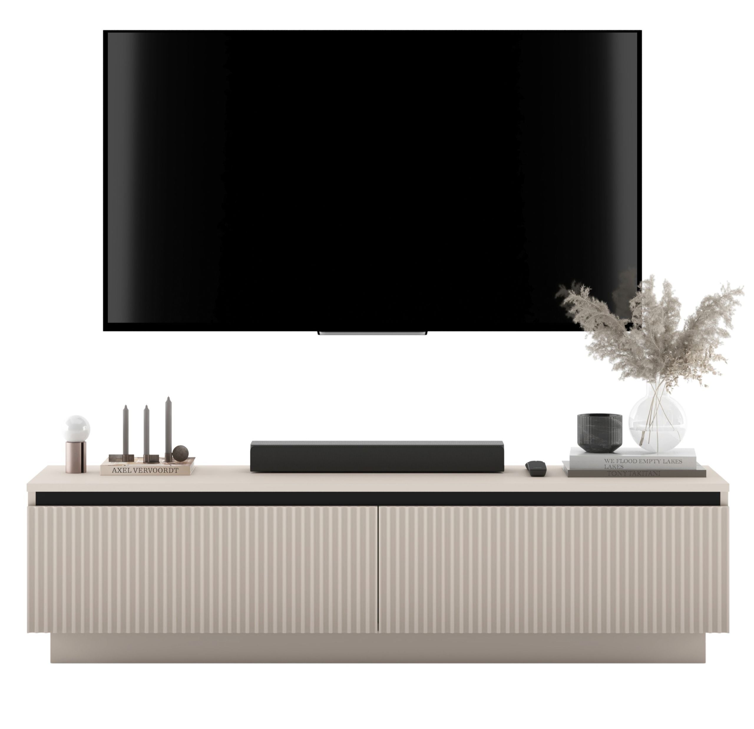 Szafka RTV Glamour 140 cm kaszmir mat, nowoczesna komoda RTV z ryflowanymi frontami do salonu