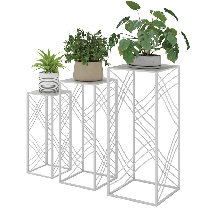 Zestaw 3 metalowych stojaków na rośliny, składanych, w kolorze białym, wys. 50/60/70 cm, kolor biały