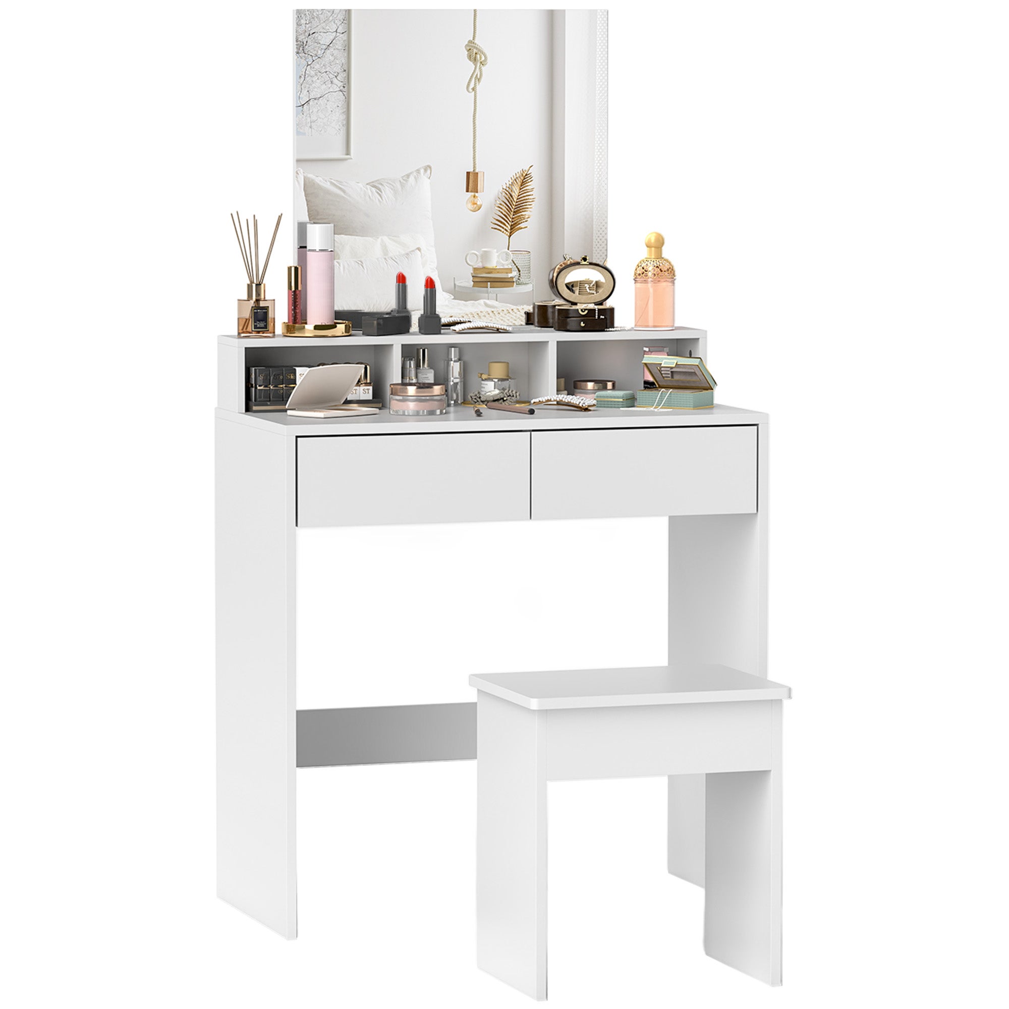 Drewniana toaletka z lustrem, 3 półkami, 2 szufladami i taboretem, 75x38x135 cm, biała