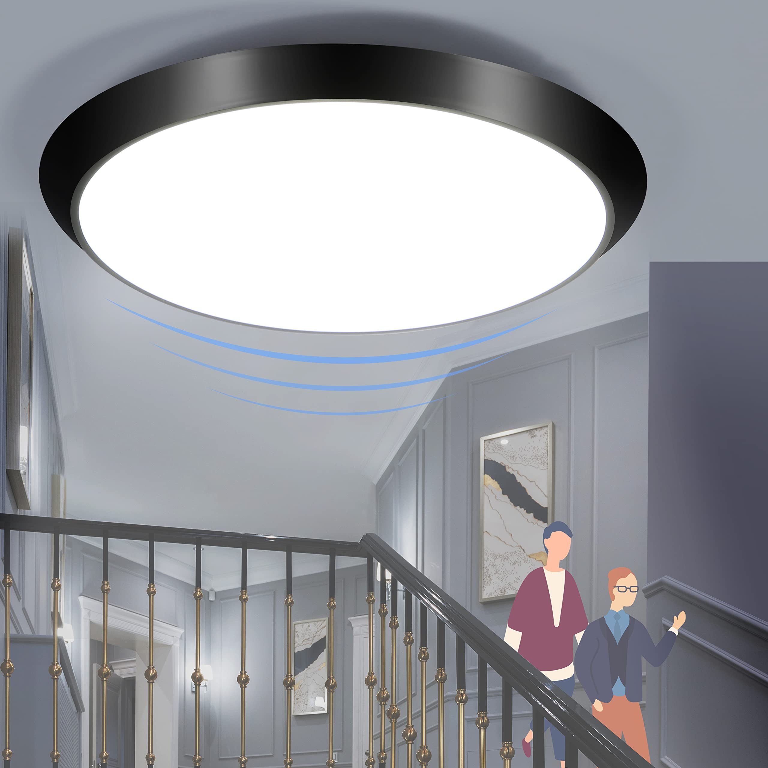 NETTLIFE Lampa sufitowa LED z czujnikiem ruchu do wnętrz, czarna, IP44, 15 W, okrągła, do piwnicy, z czujnikiem ruchu, Ø 30 cm, 4000 K