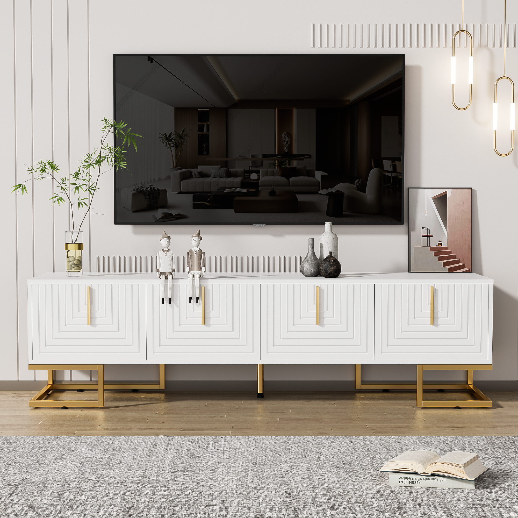 TV-Schrank Lowboard - Biały, 170x40x45,5cm, Structure, Srebrne Grzyby i Nogi