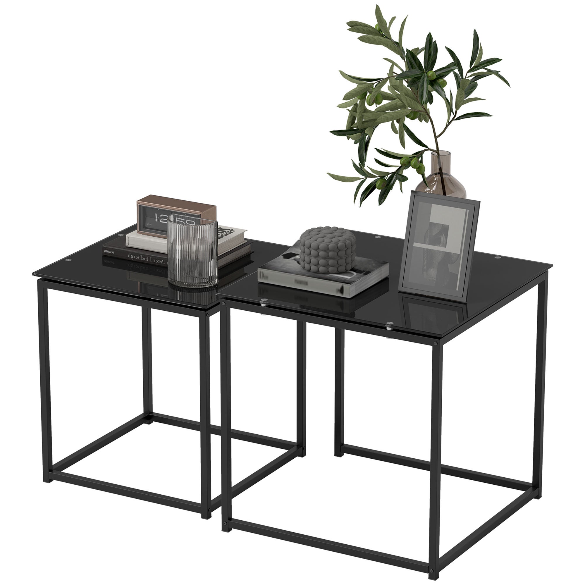 Zestaw 2 stolików bocznych, nowoczesny design, sztaplowane, szkło, kolor czarny