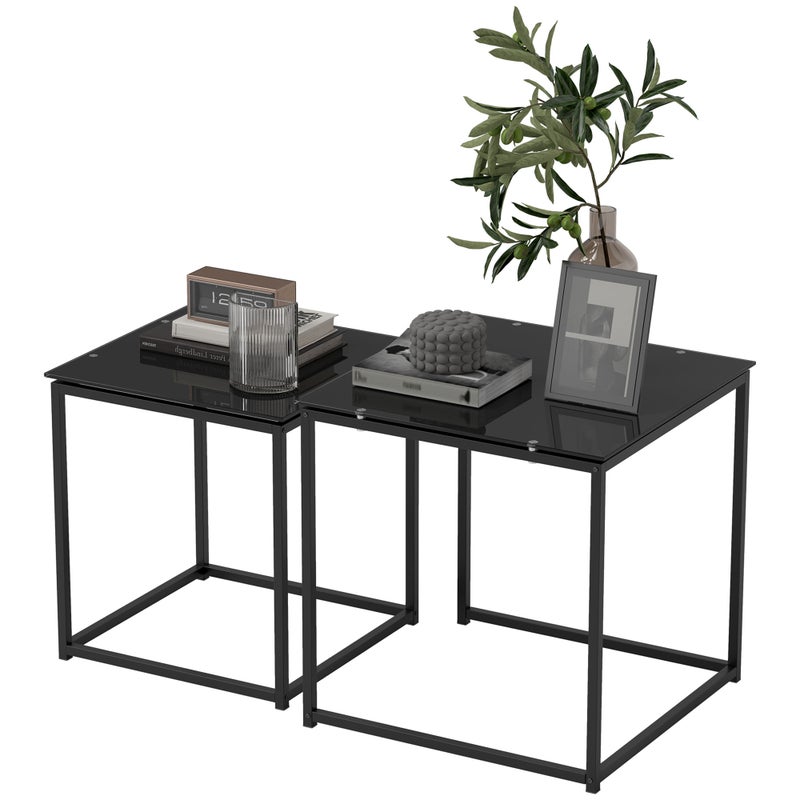 Zestaw 2 stolików bocznych, nowoczesny design, sztaplowane, szkło, kolor czarny