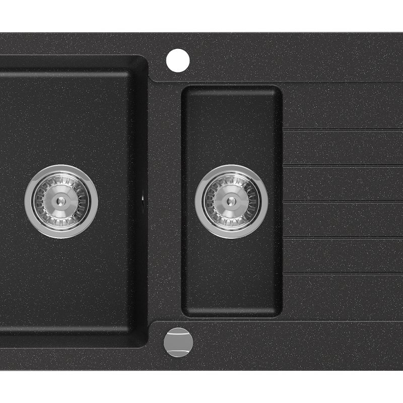 Mexen Matias zlewozmywak granitowy 1,5-komorowy z ociekaczem 900 x 505 mm, czarny/srebrny metalik, syfon chrom - 6502901505-73