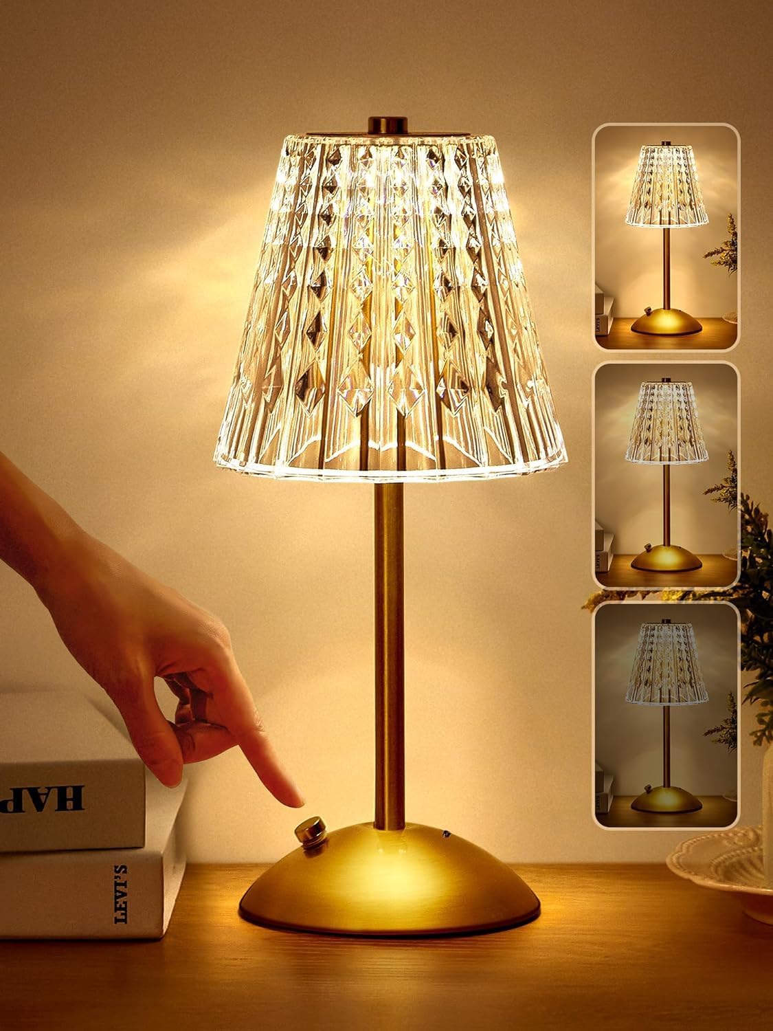 Lampka Nocna Dotykowa, 3 Kolory Lampa Stołowa Kryształowa USB Bezprzewodowa Ładowalna do Sypialni