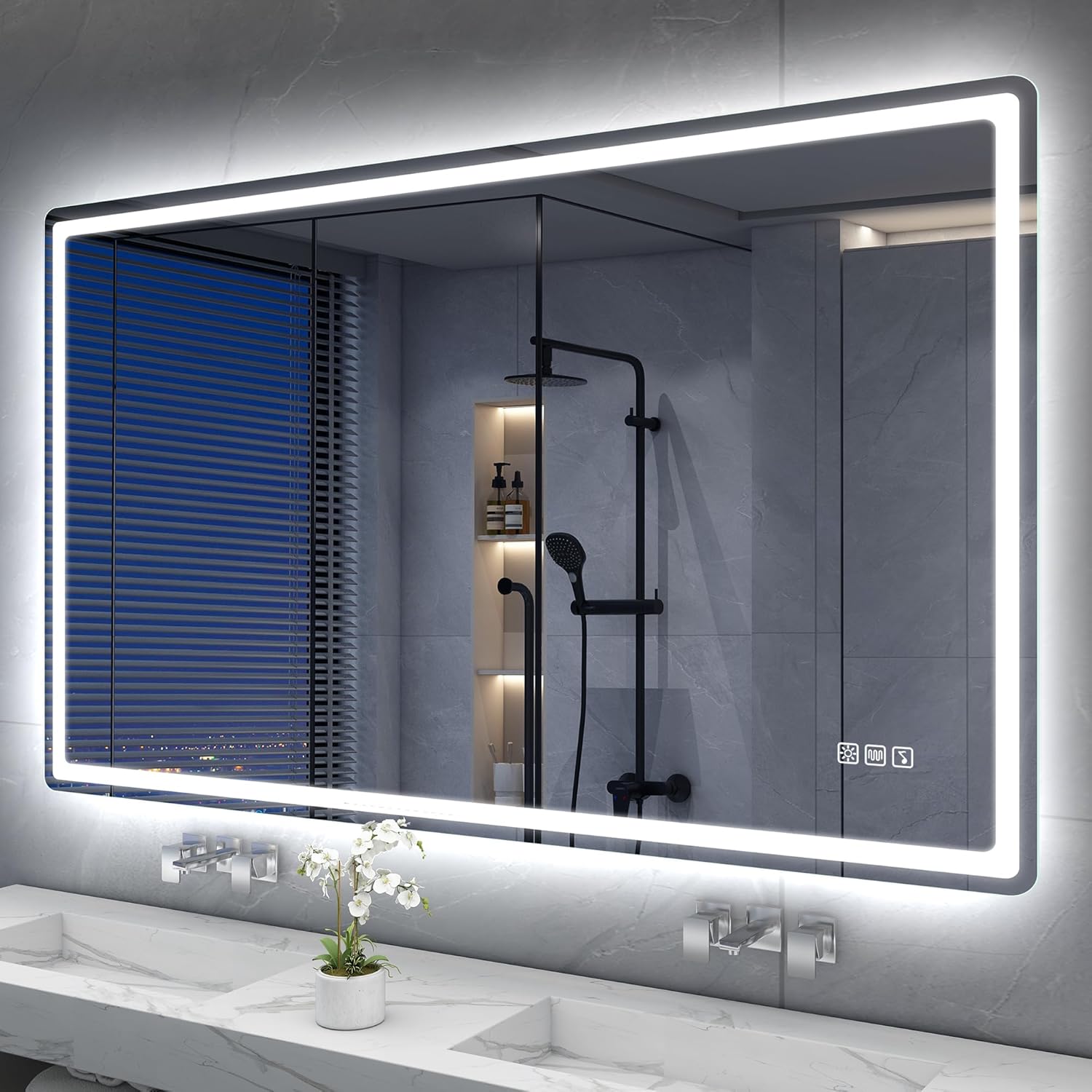 Bezramkowe lustro łazienkowe Bluetooth, 120x70 cm, z oświetleniem | 3 ściemnialne barwy światła, IP44