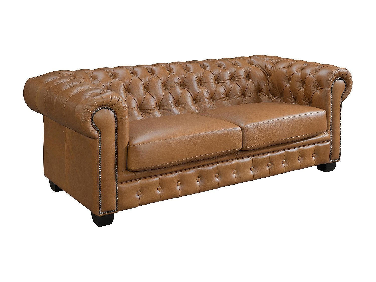 Kanapa 3-osobowa typu chesterfield ze 100% skóry bawolej w kolorze karmelowym vintage