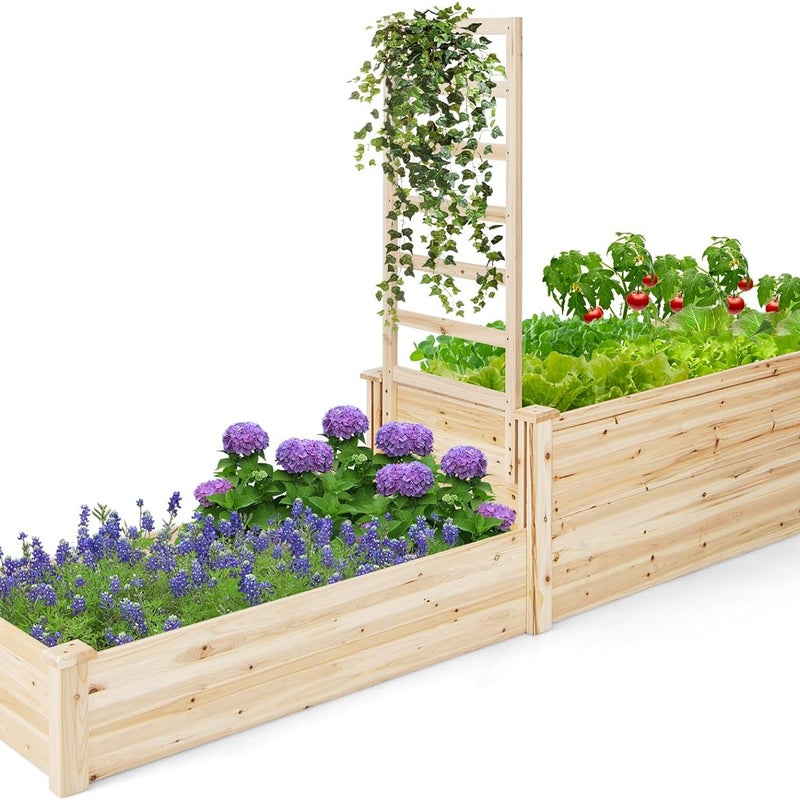 Podwyższona grządka z kratą, skrzynka na kwiaty z kratą, na rośliny, z drewna jodłowego, doniczka na rośliny pnące, naturalna (223 x 64 x 134 cm)
