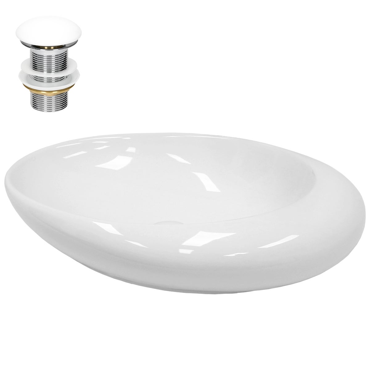 ECD Germany Umywalka Umywalka 585x375x145mm biala ceramiczna wraz z zestawem odplywowym do umywalki bez przelewu Umywalka nablatowa Umywalka nablatowa
