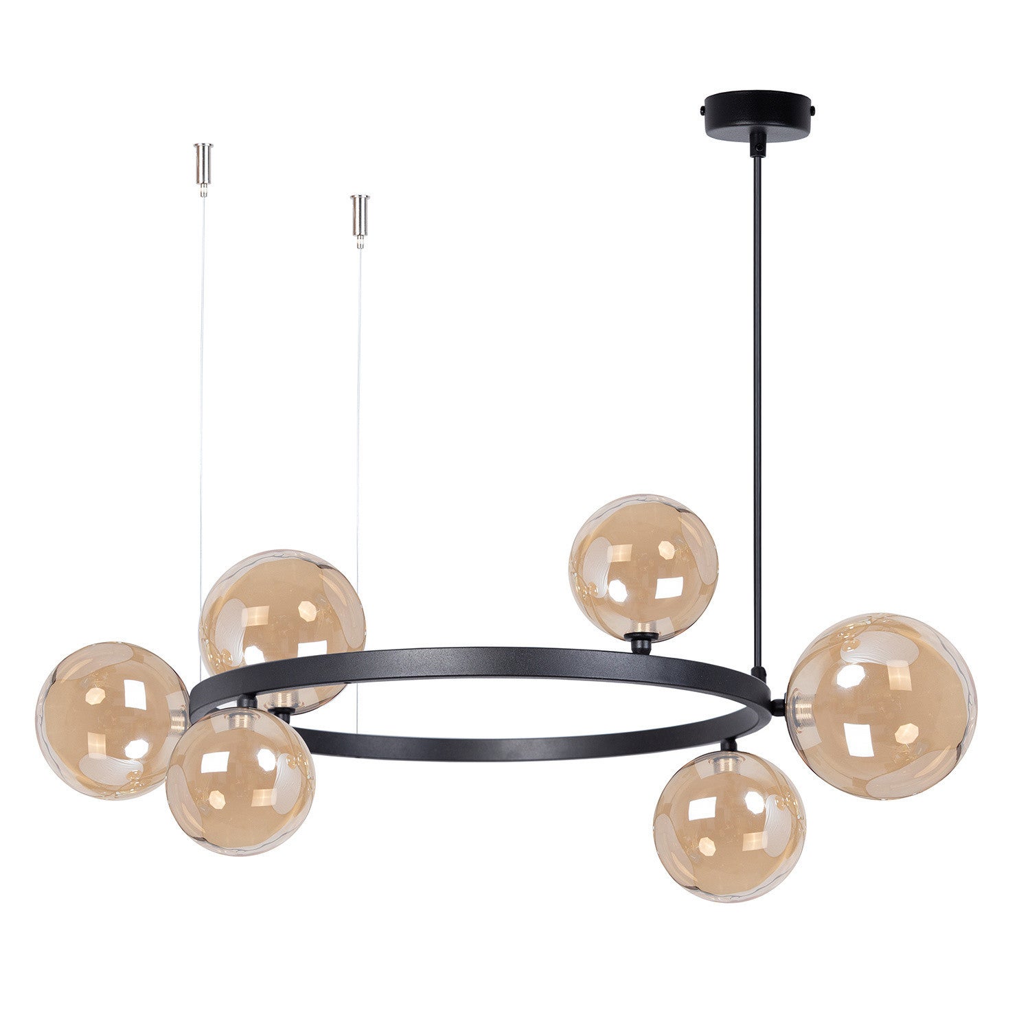Lampa wisząca żyrandol czarny ring szklane bursztynowe kule do salonu 6xG9 12W BOLERO Sigma Lighting