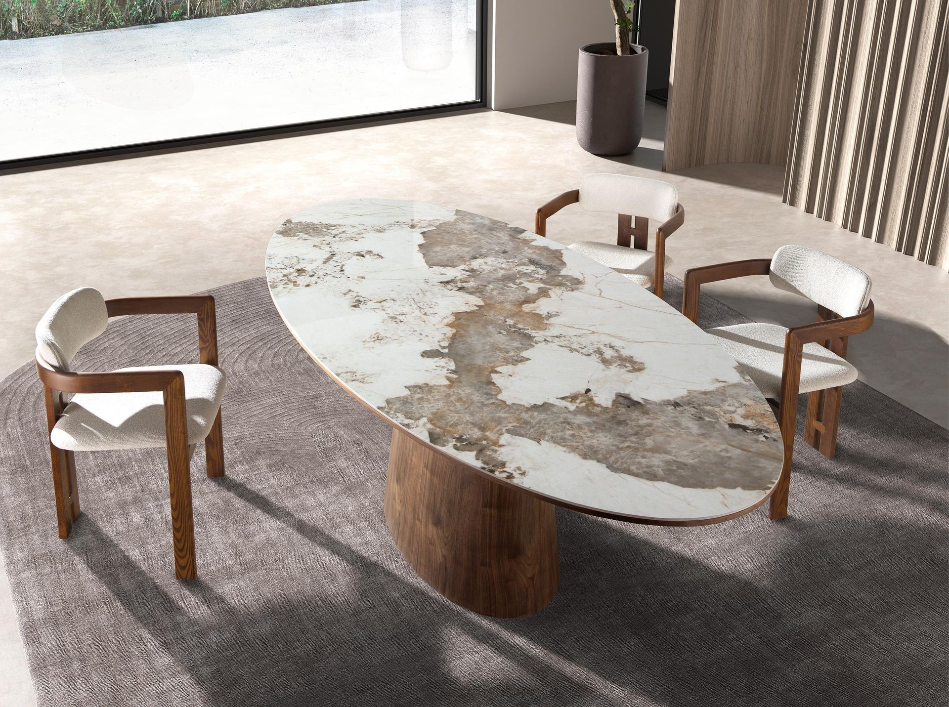 ANGEL CERDA Owalny stół jadalniany z porcelanowego marmuru i orzecha