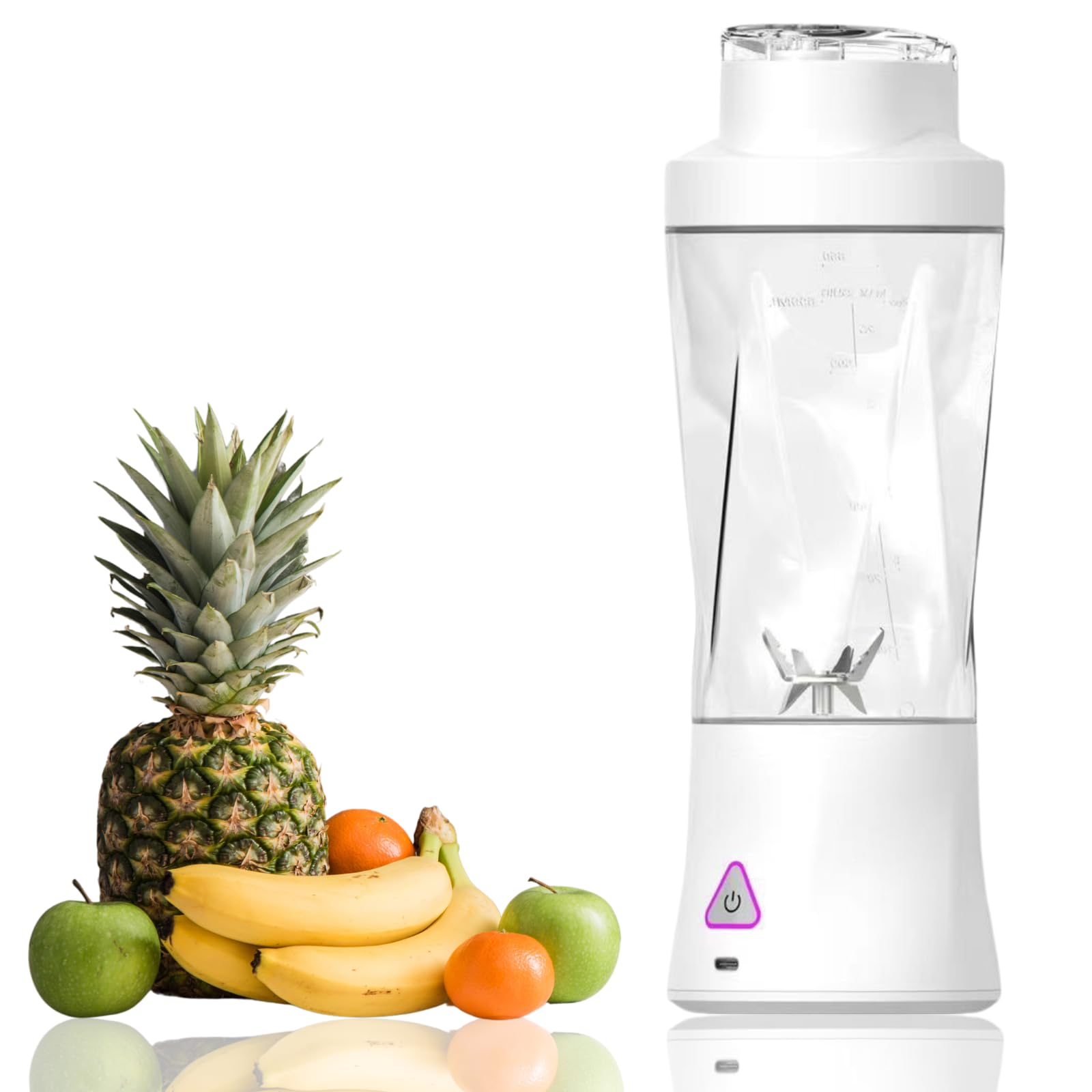 Blender osobisty - do koktajli i smoothie - ładowany przez USB - kubek na sok o pojemności 700 ml - z 6 ostrzami i pokrywką - samoczyszczący - biały
