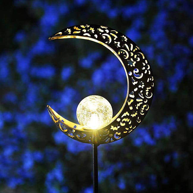 Dekoracyjna lampa solarna do ogrodu, wodoodporna lampa ozdobna w kształcie księżyca, kula ze szkła spękanego, metalowa lampa ogrodowa