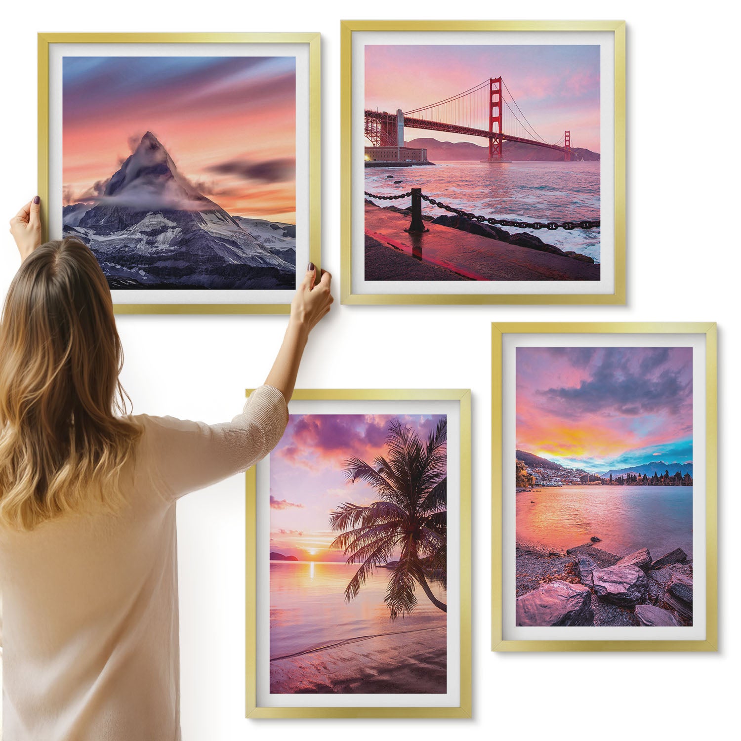 Galeria ścienna 4-częściowy komplet obrazów w złotych ramach - Zachody słońca nad mostem i krajobrazem wodnym - ArtPrintCave