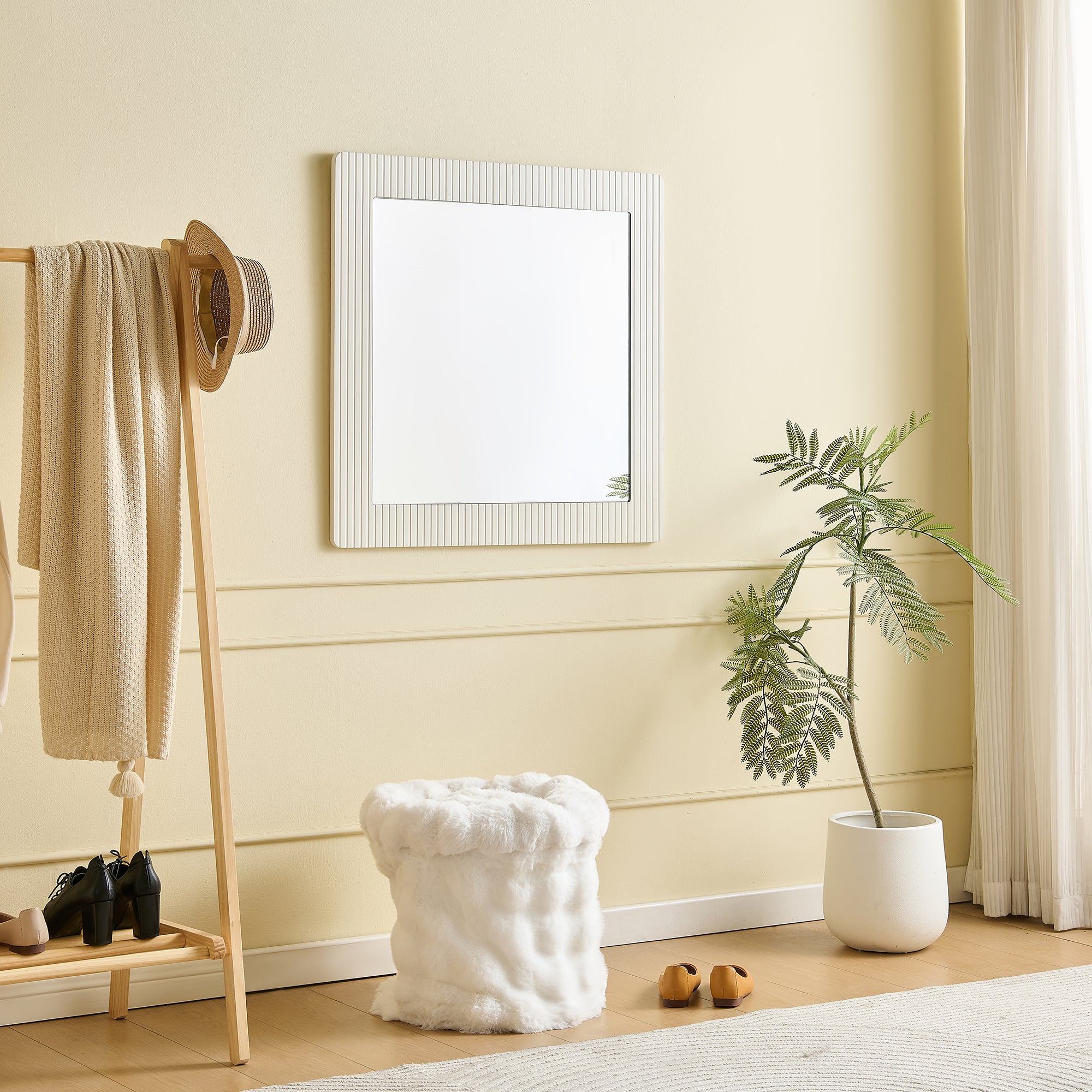 Kwadratowe lustro ścienne 80x80x1,5 cm - Rama drewniana - Przezroczyste lustro - MDF - Biały