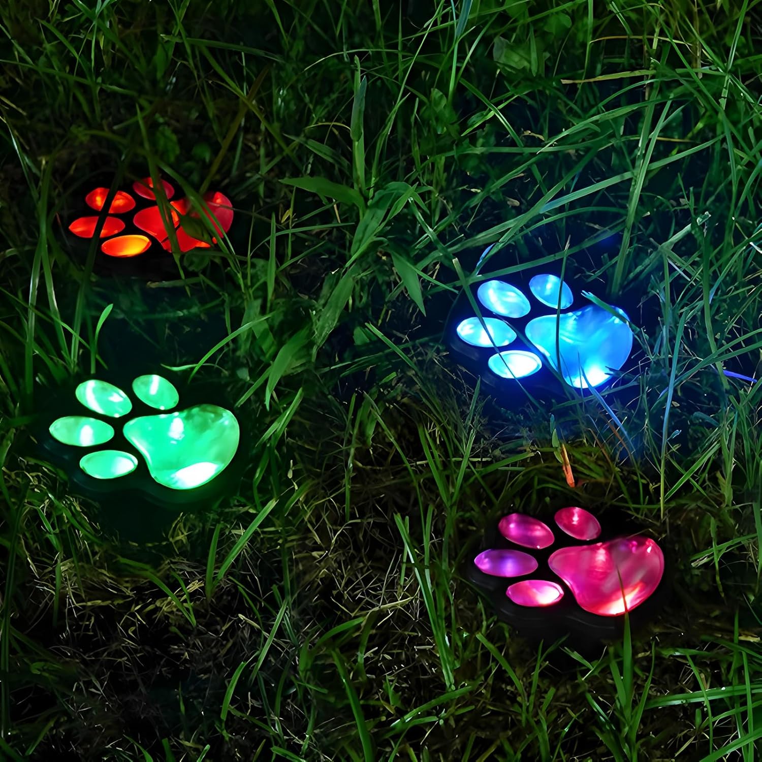 (4 sztuki) Lampy solarne do użytku zewnętrznego w kształcie odcisku łapy zwierzęcia, idealne do ogrodów, na tarasy i trawniki. (Kolorowe światło)