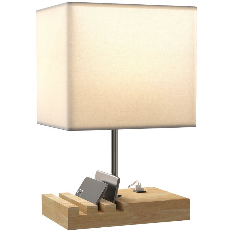 Lampka nocna, porty USB, drewno, tkanina, przełącznik kołyskowy, schowki, kolor biały