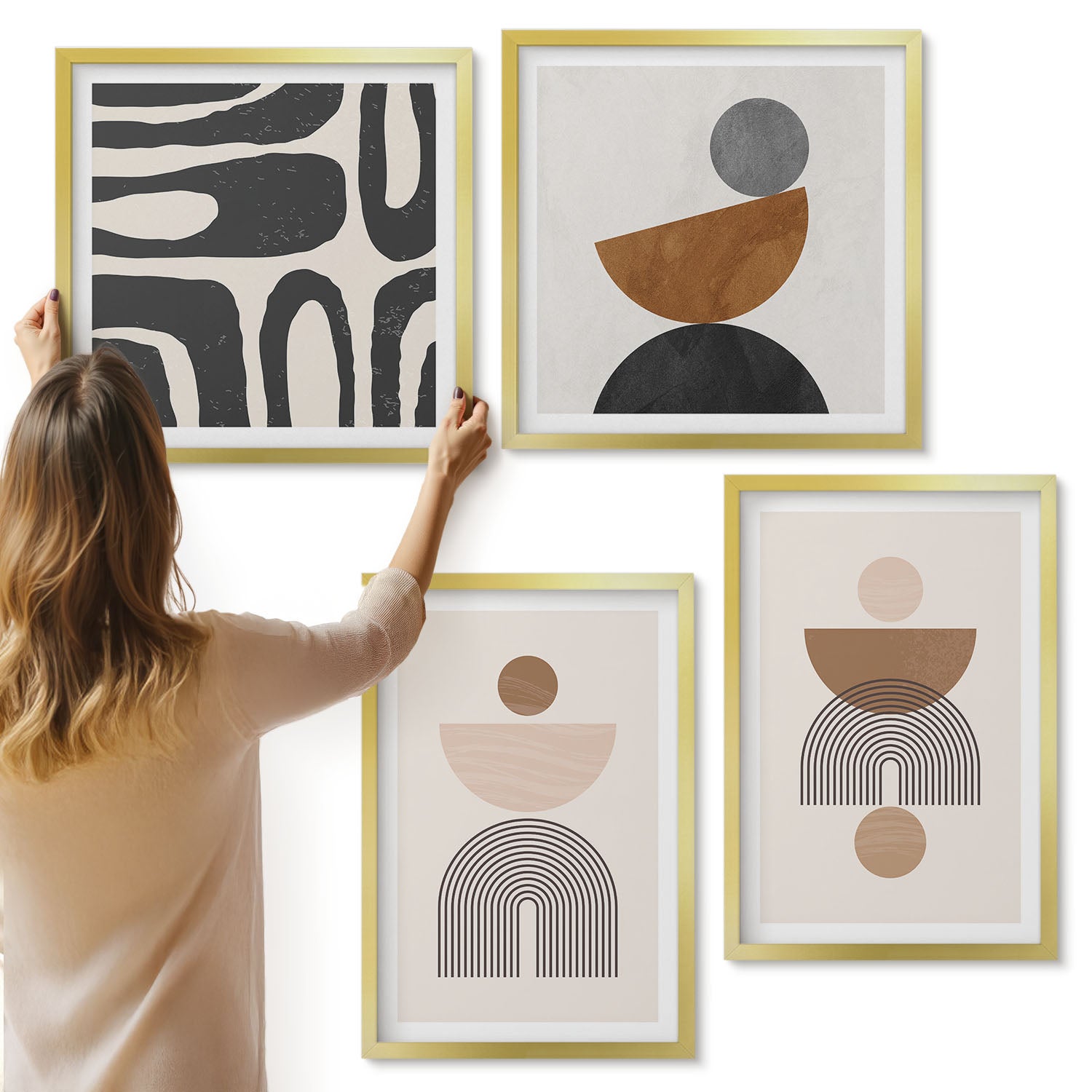 Galeria ścienna 4-częściowy komplet obrazów w złotych ramach - Abstrakcyjne kształty modne wzornictwo boho - ArtPrintCave
