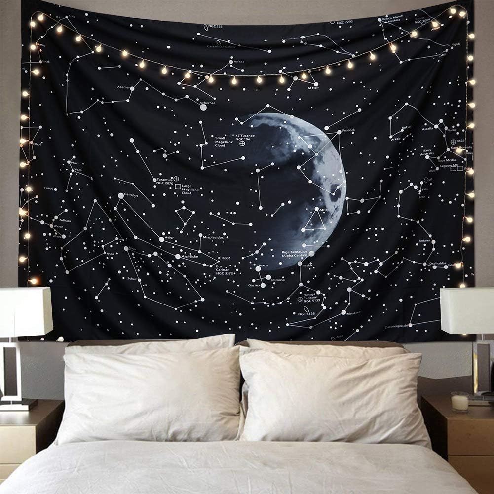 (150x200,Bez lampy)Céleste de Constellationla Galaxie Tapisserie bohémien Mandala Psychédélique Noir Tapisserie Tenture murales Décoration Murale